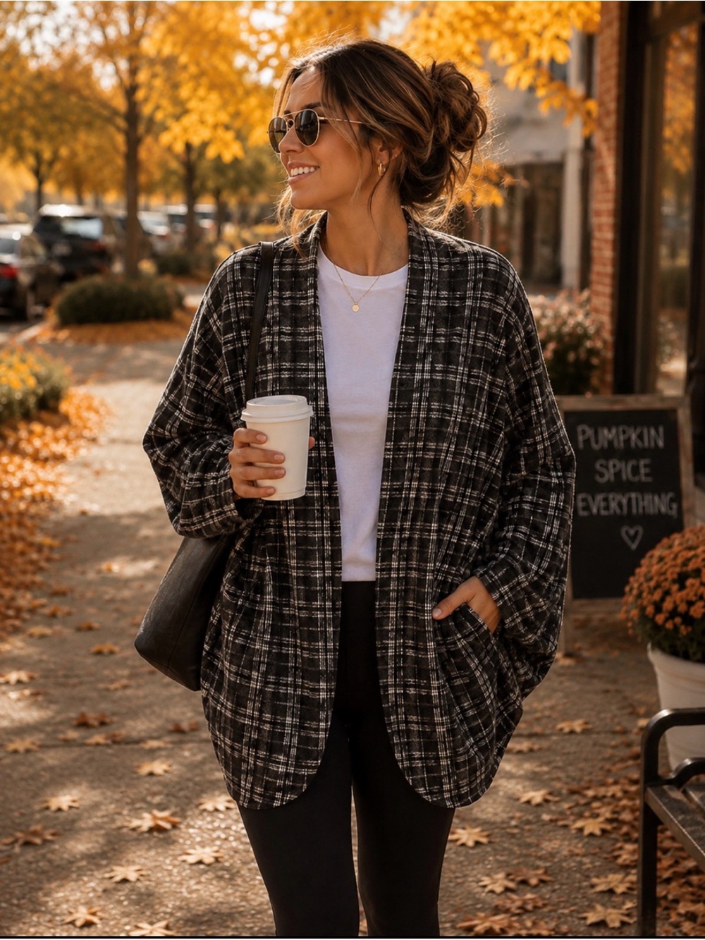 Cozy Black & White Plaid Open Cardigan